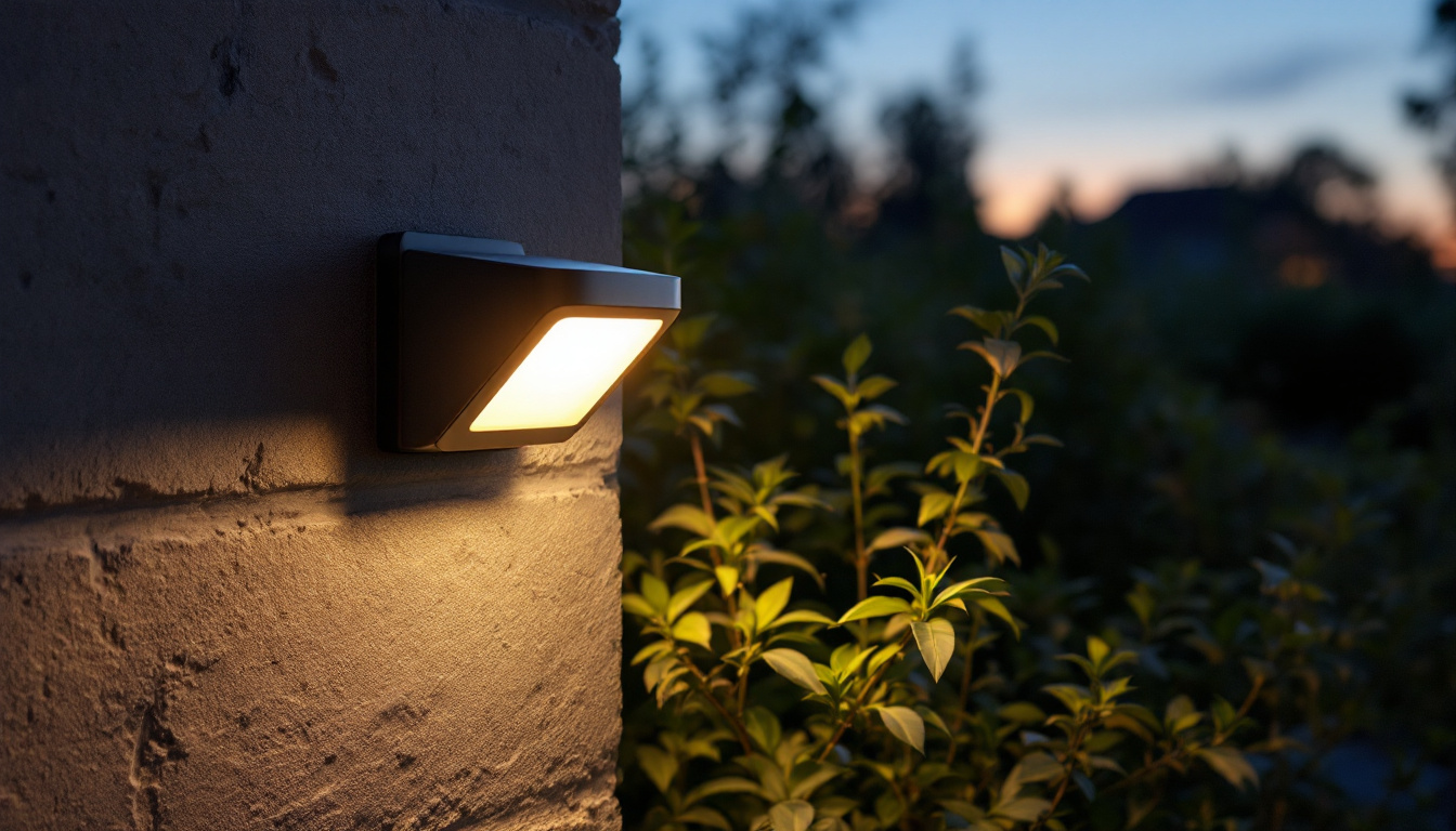 A photograph of a motion sensor outdoor lamp illuminated at dusk