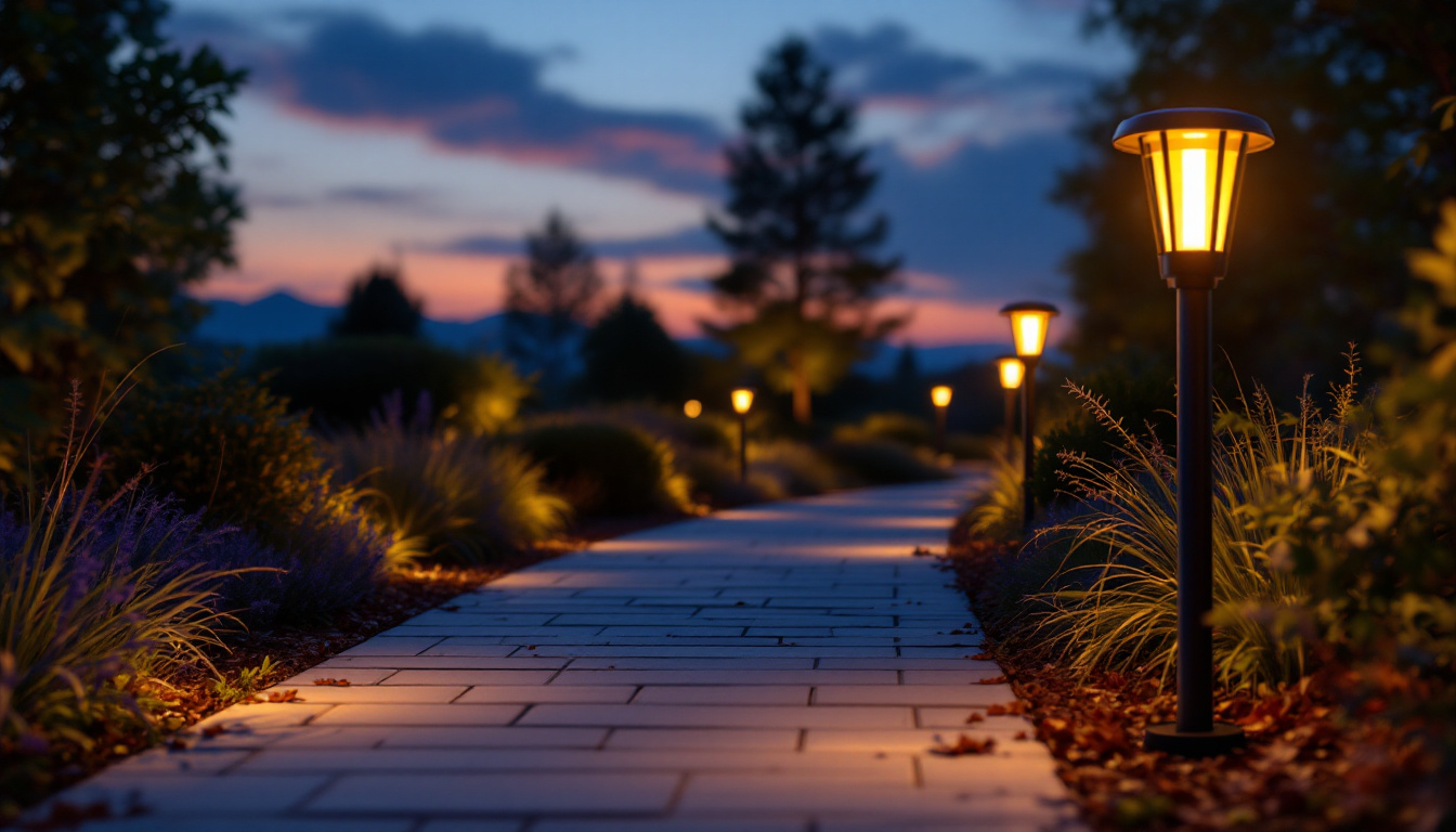 A photograph of a beautifully illuminated walkway lined with stylish solar lights at dusk
