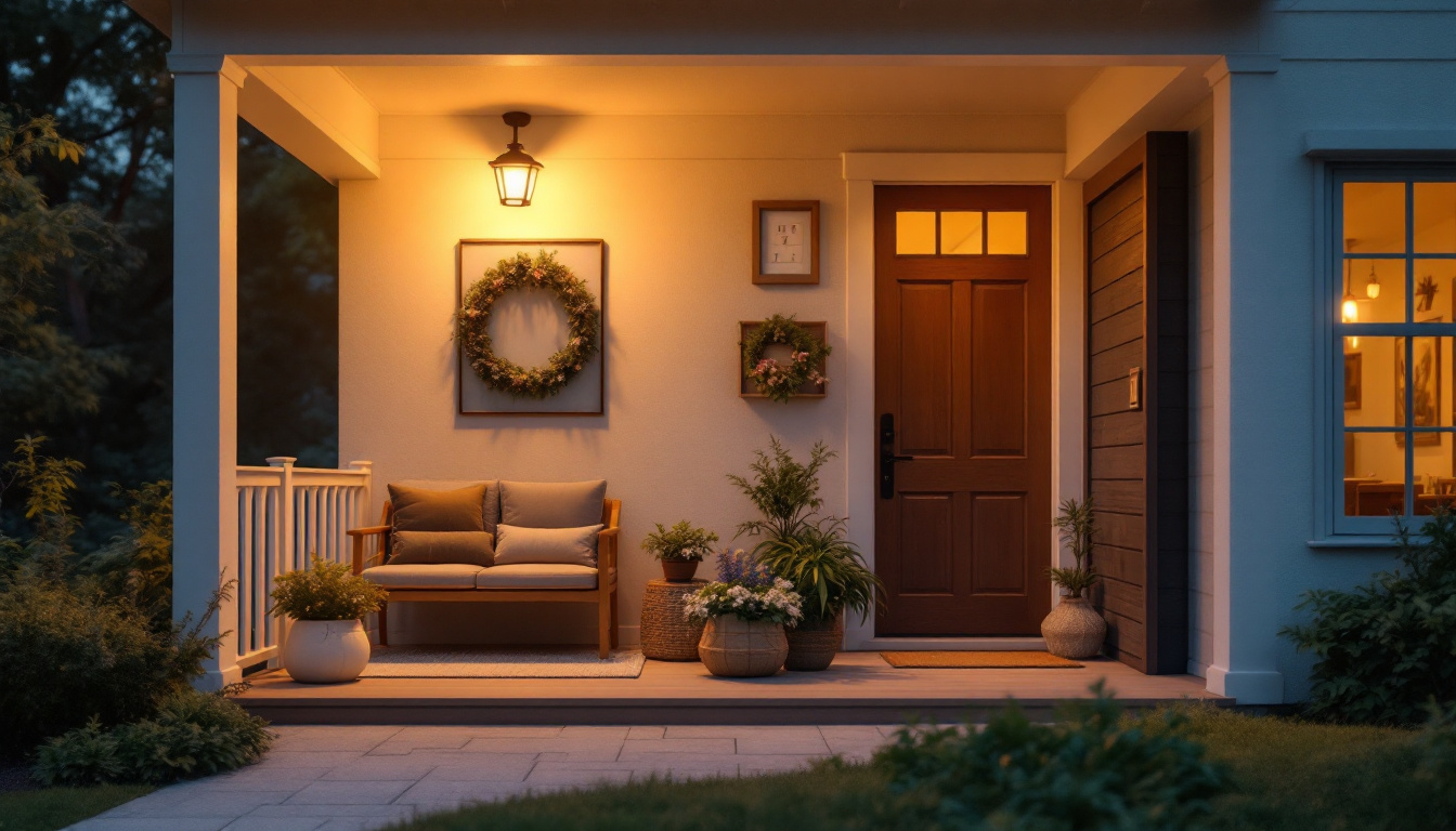 A photograph of a warmly lit front porch at dusk