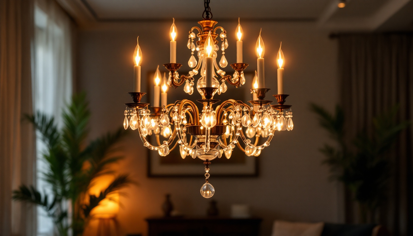A photograph of a beautifully designed chandelier illuminated in a stylish interior setting