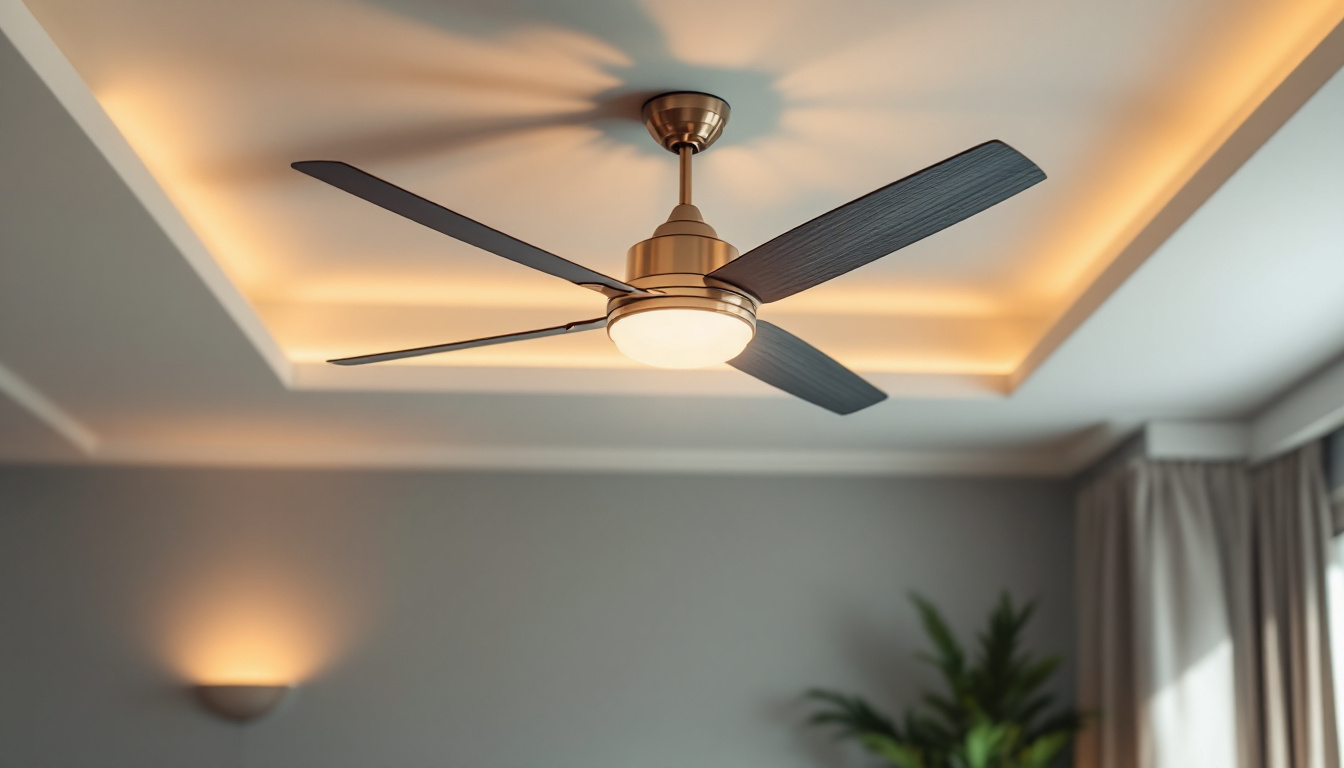 A photograph of a stylish ceiling fan with an integrated light fixture