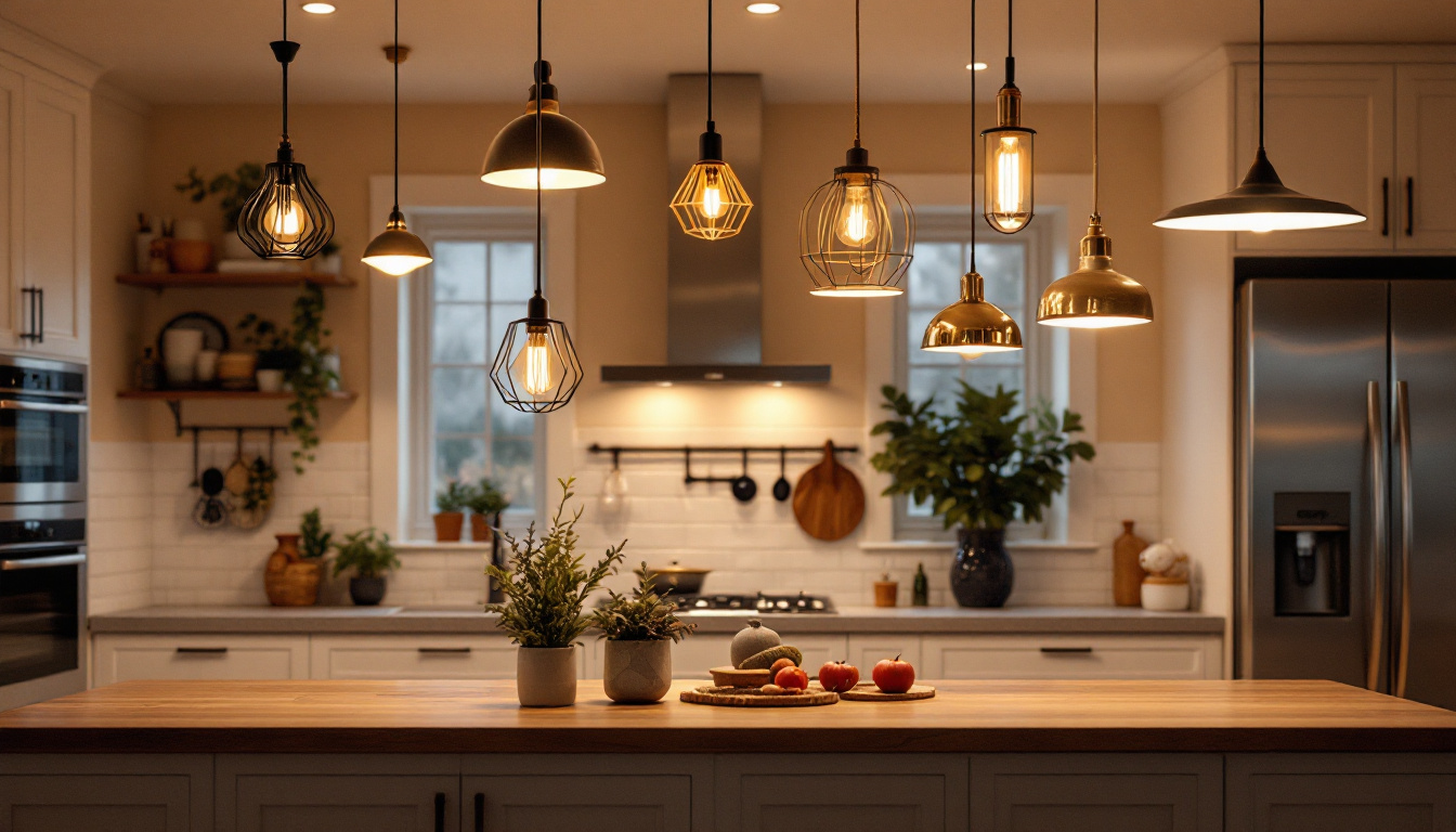 A photograph of a beautifully lit kitchen featuring a variety of stylish ceiling lamps