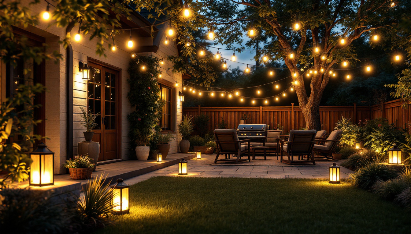 A photograph of a beautifully illuminated backyard scene at dusk