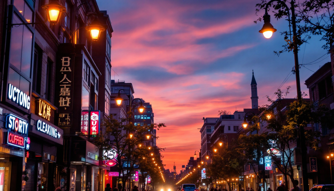 A photograph of capture a photograph of a vibrant urban street scene illuminated by modern led streetlights at dusk