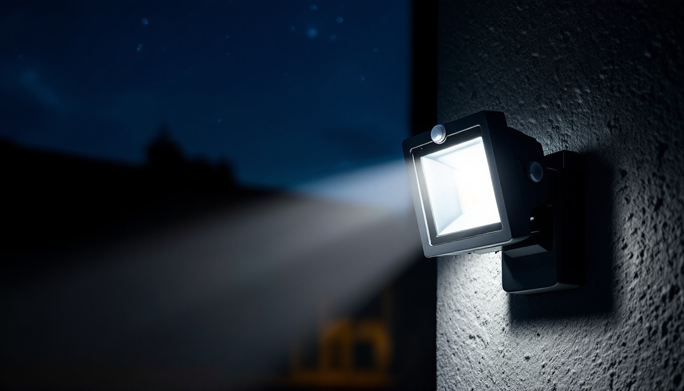 A photograph of a motion detector flood light illuminating a dark outdoor space