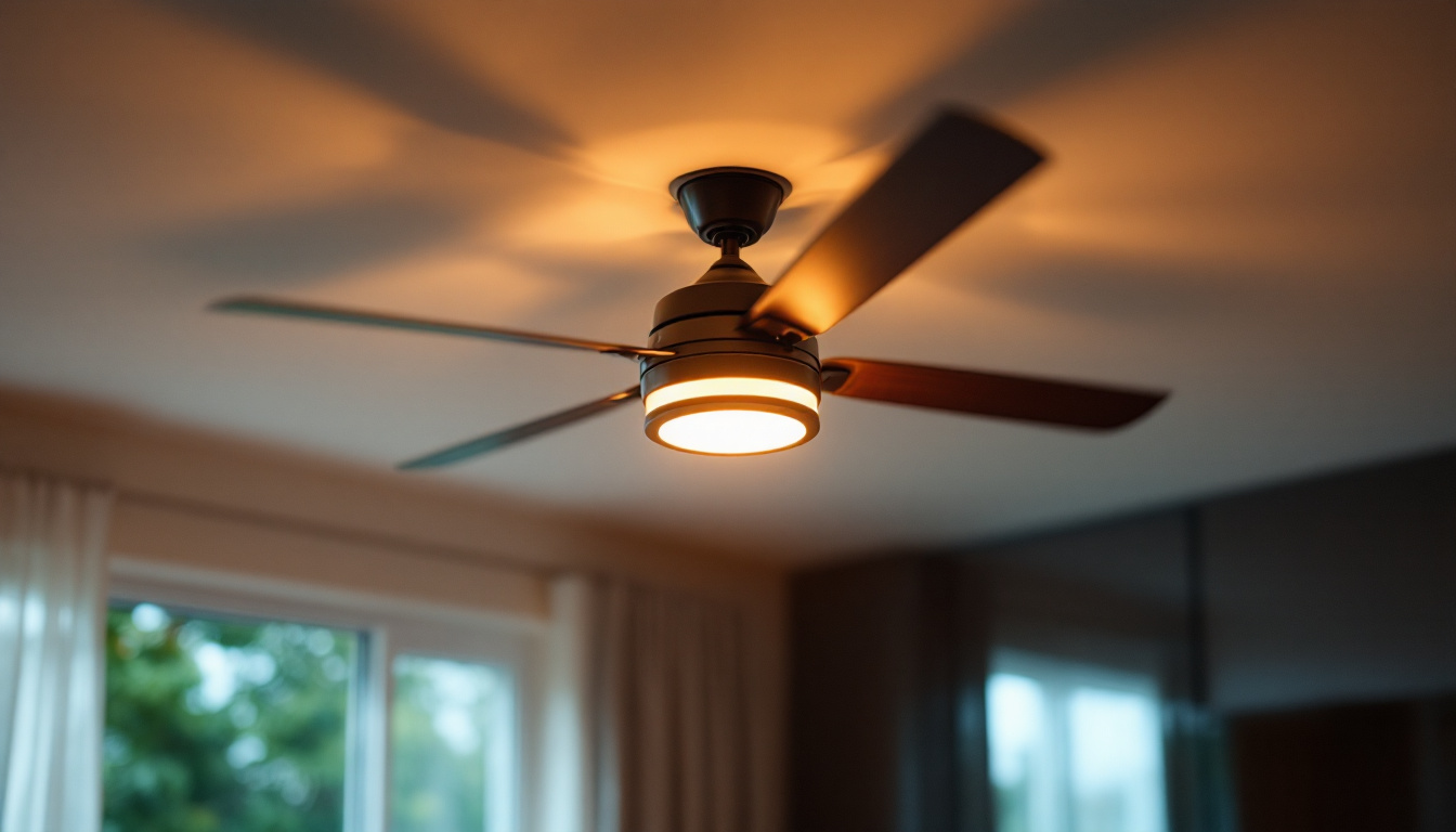 A photograph of capture a photograph of an elegant ceiling fan with integrated lights
