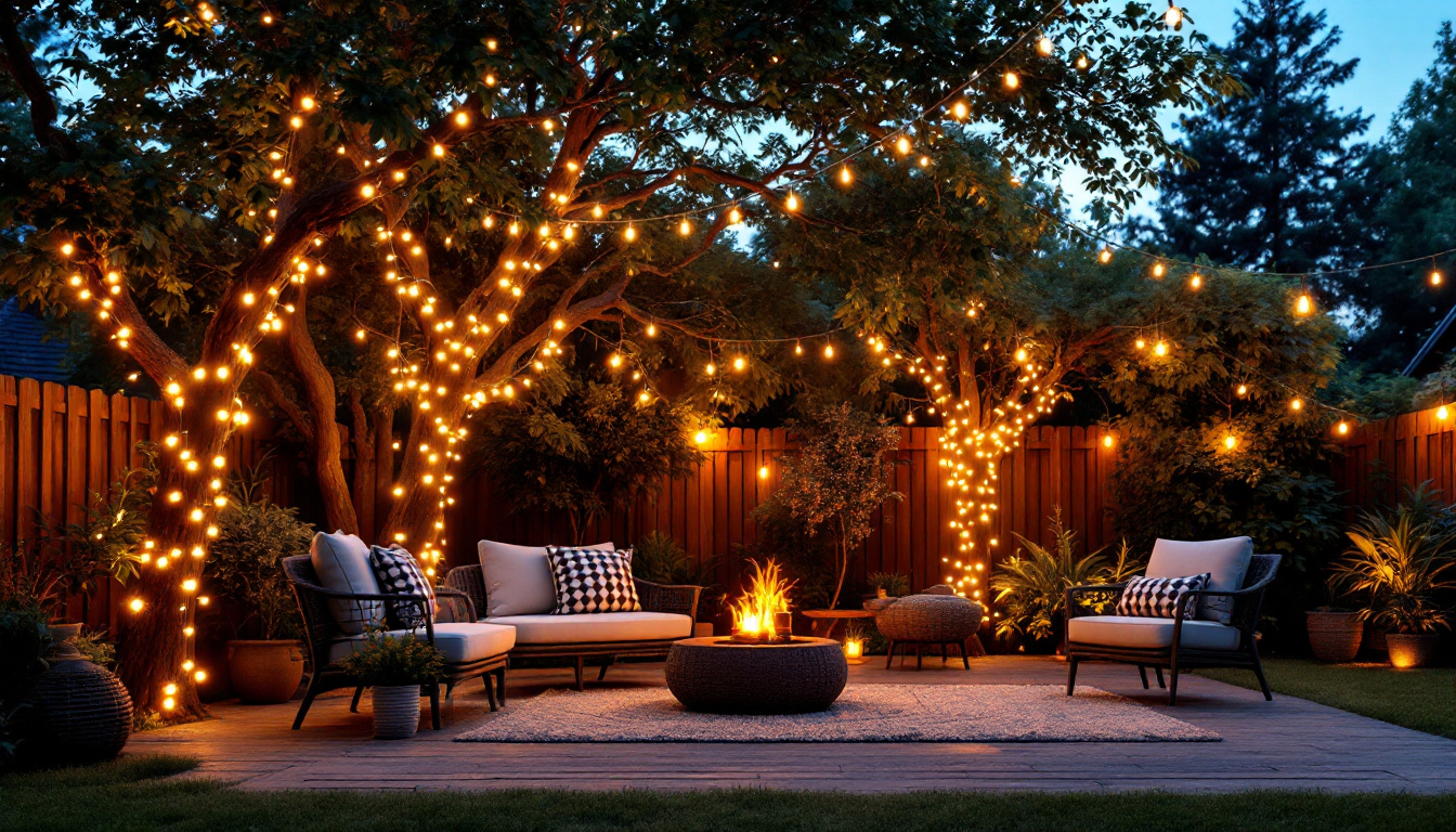 A photograph of a beautifully lit backyard scene at dusk