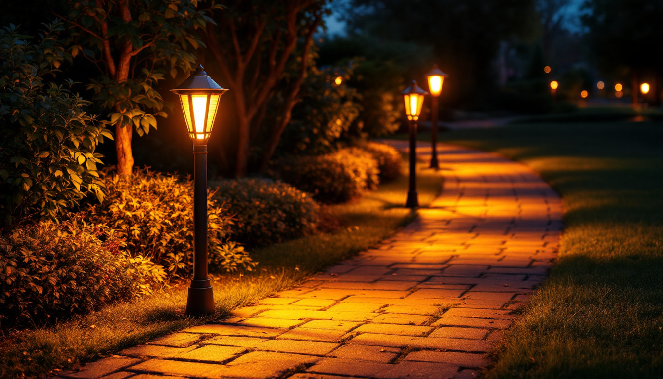 A photograph of a beautifully lit outdoor path illuminated by stylish path lamps