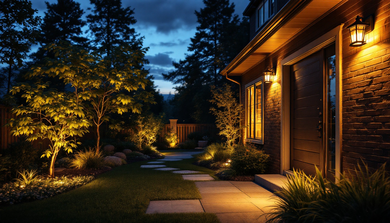 A photograph of a beautifully illuminated outdoor space showcasing various styles of yard lighting