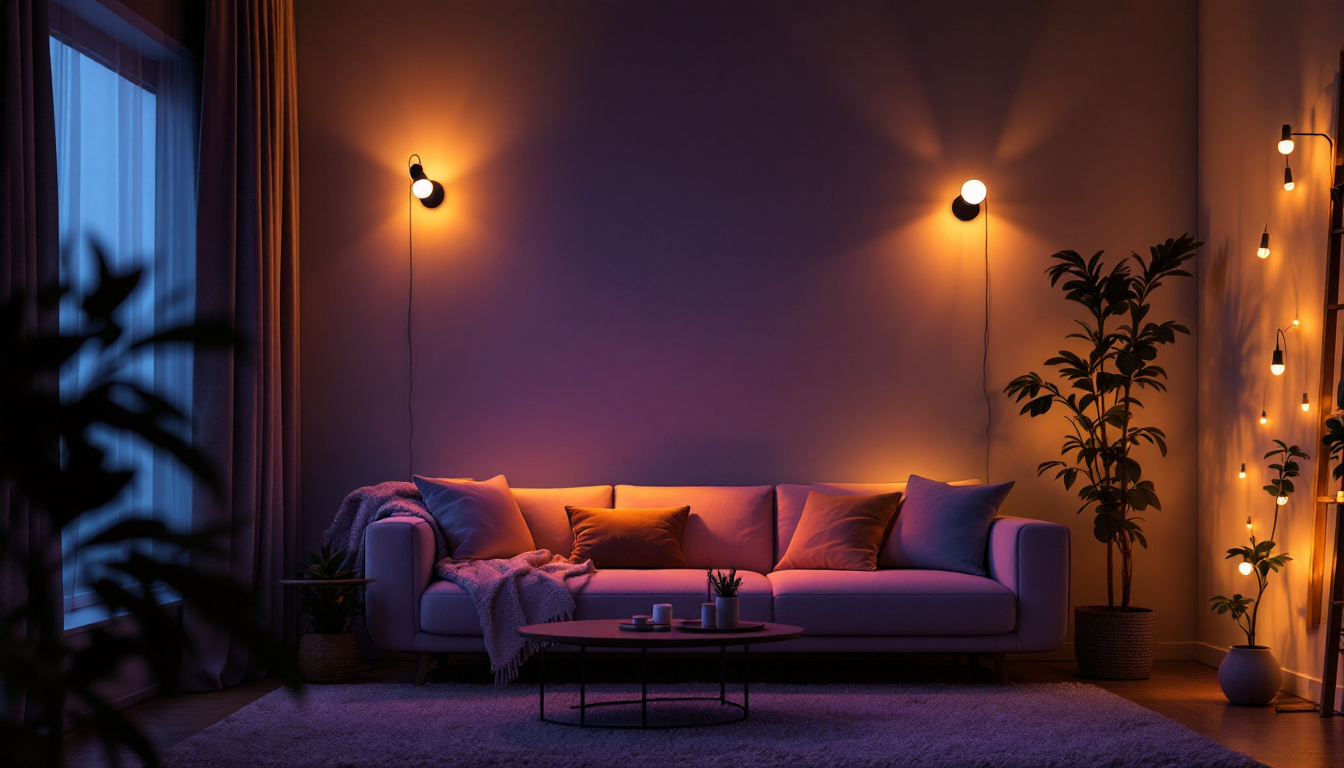 A photograph of a cozy living room scene with warm