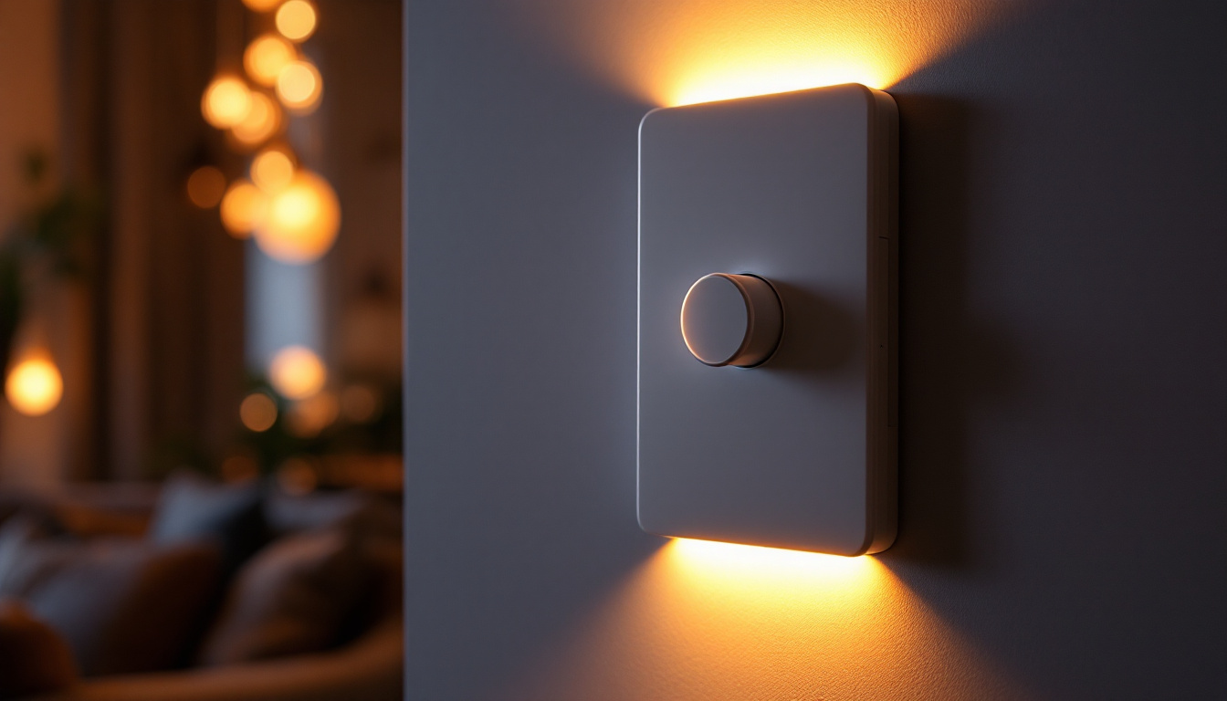 A photograph of a stylish dimmable light switch installed on a modern wall