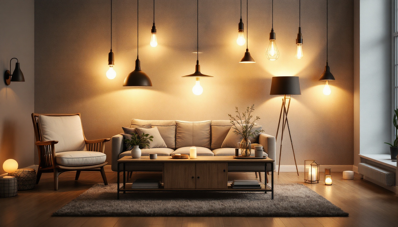 A photograph of a well-lit room showcasing a variety of lighting fixtures