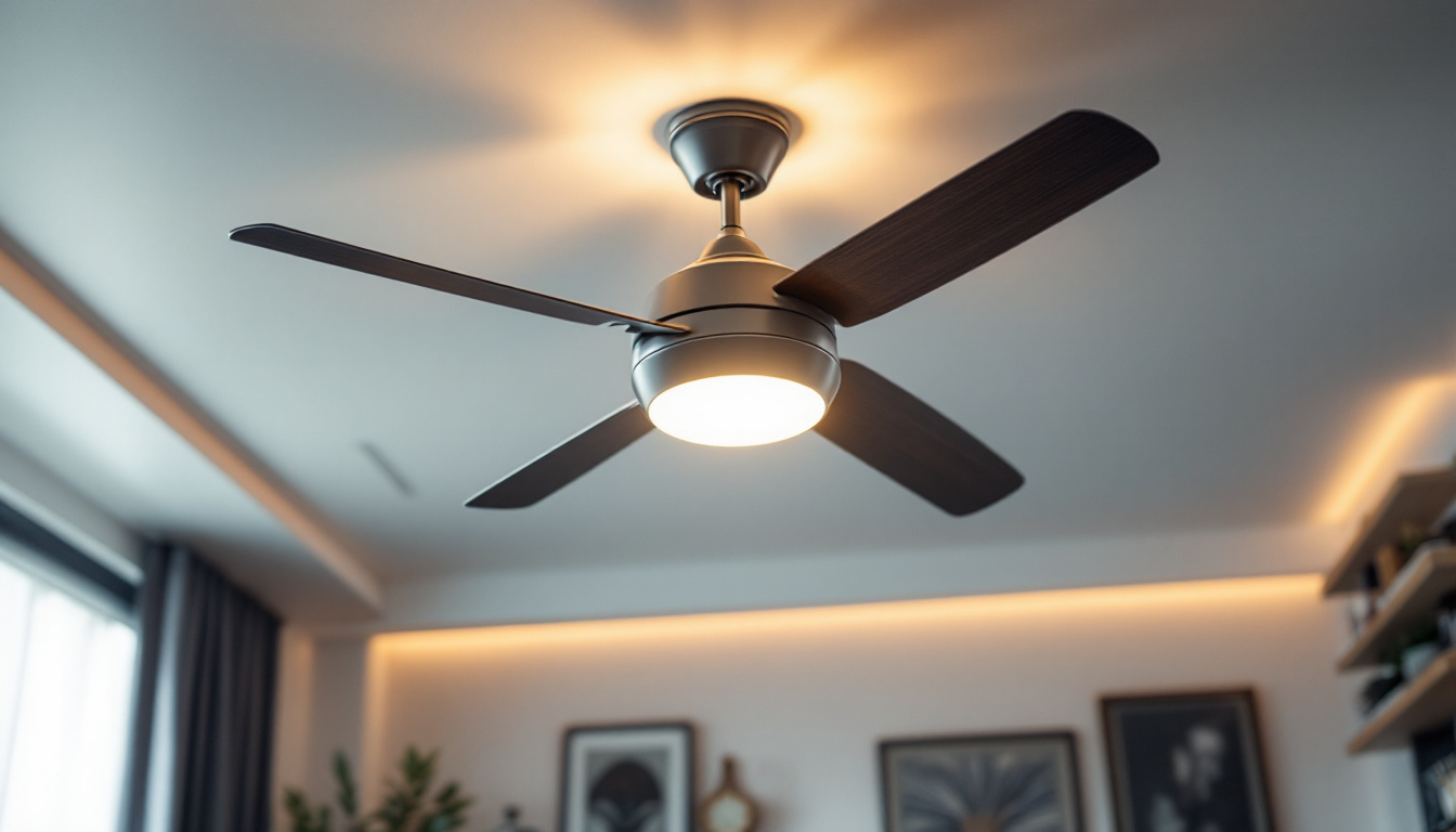 A photograph of a stylish ceiling fan with an integrated lamp
