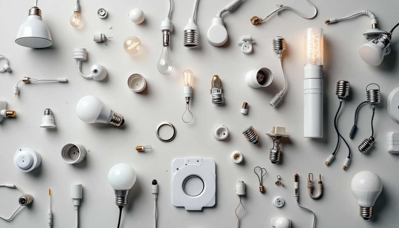 A photograph of a beautifully arranged flat lay of various light fixture parts