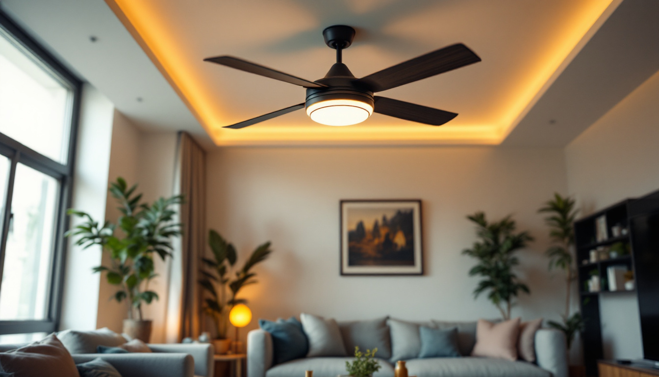 A photograph of a stylishly designed ceiling fan in a well-lit