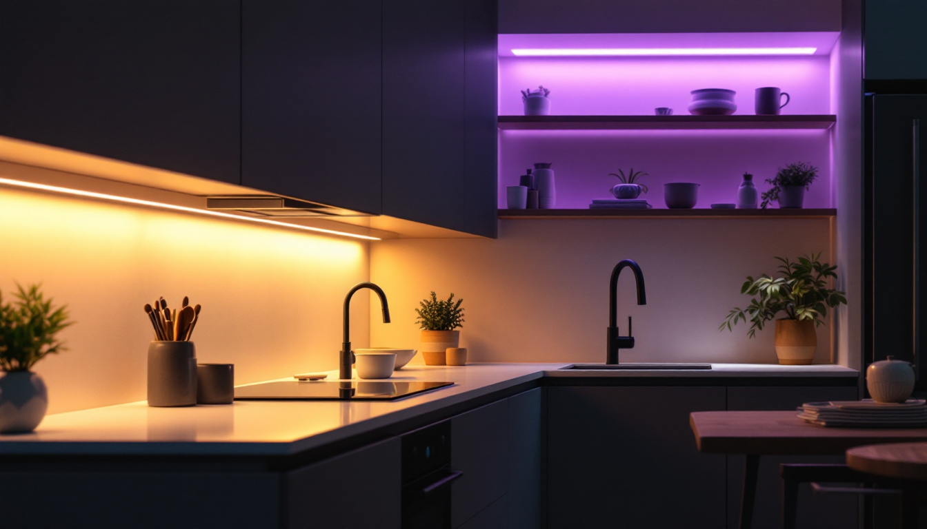 A photograph of a sleek kitchen or workspace featuring under-cabinet led lights illuminating the area
