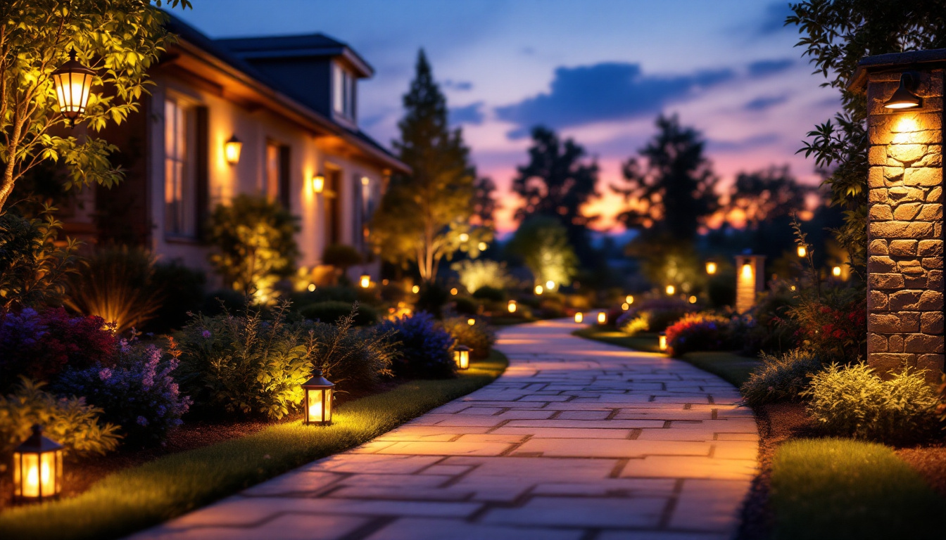 A photograph of a beautifully illuminated outdoor pathway at dusk