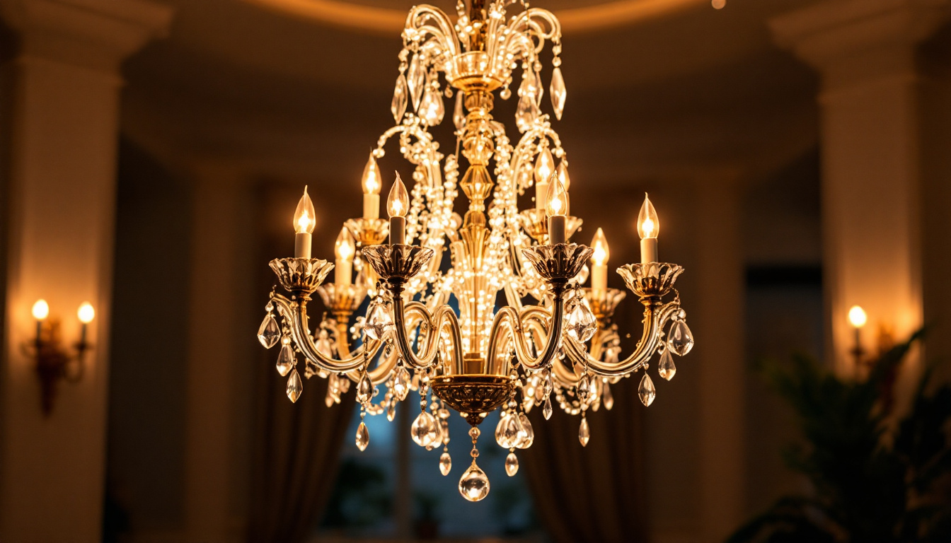 A photograph of a beautifully designed chandelier hanging in an elegantly lit room