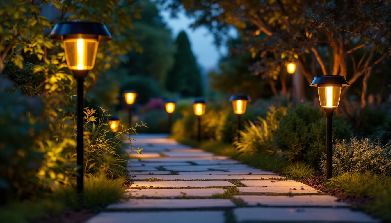 A photograph of a beautifully illuminated garden or pathway at dusk