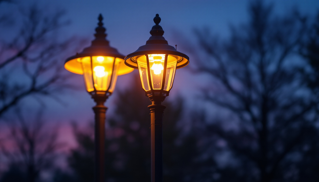 A photograph of a beautifully illuminated outdoor pole light at dusk