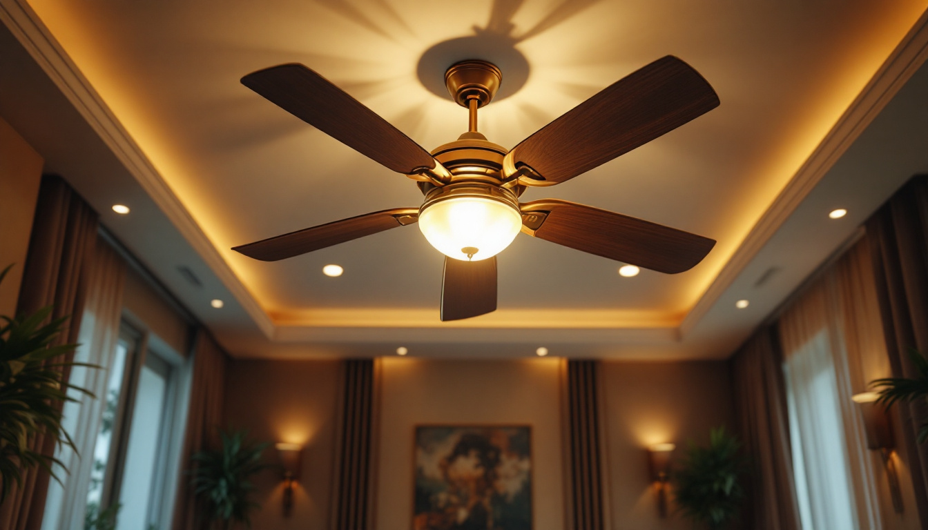 A photograph of a beautifully designed huge ceiling fan in a well-lit room