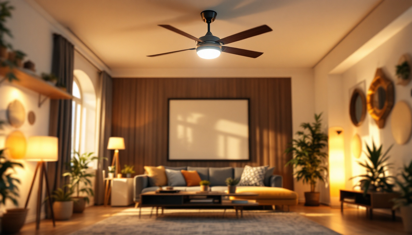 A photograph of a spacious room featuring a stylish big ceiling fan in action