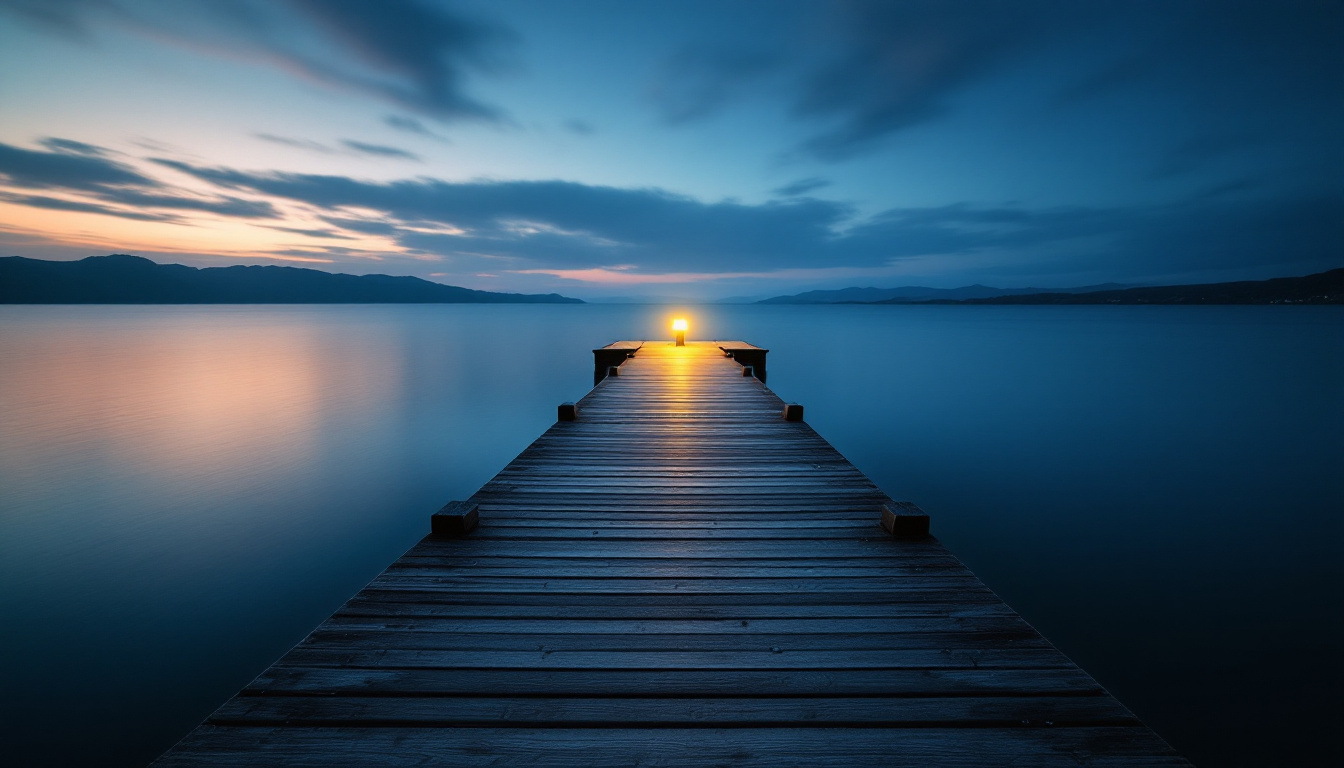 A photograph of capture a photograph of a serene dock extending into a calm body of water