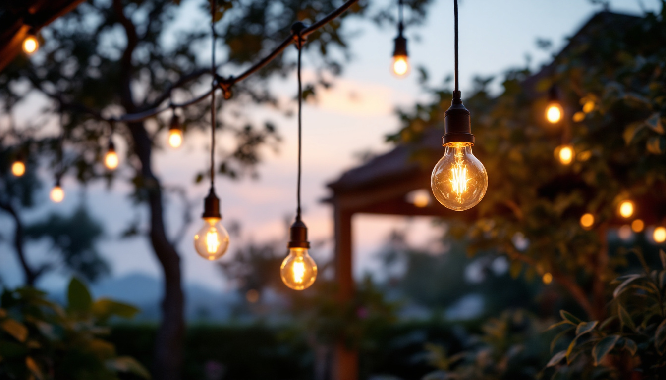 A photograph of a beautifully designed outdoor space featuring hanging pendant lights