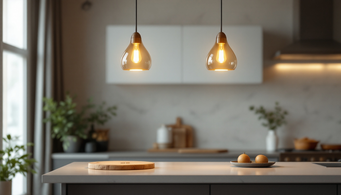 A photograph of a beautifully designed light island pendant hanging in a stylish kitchen or dining area