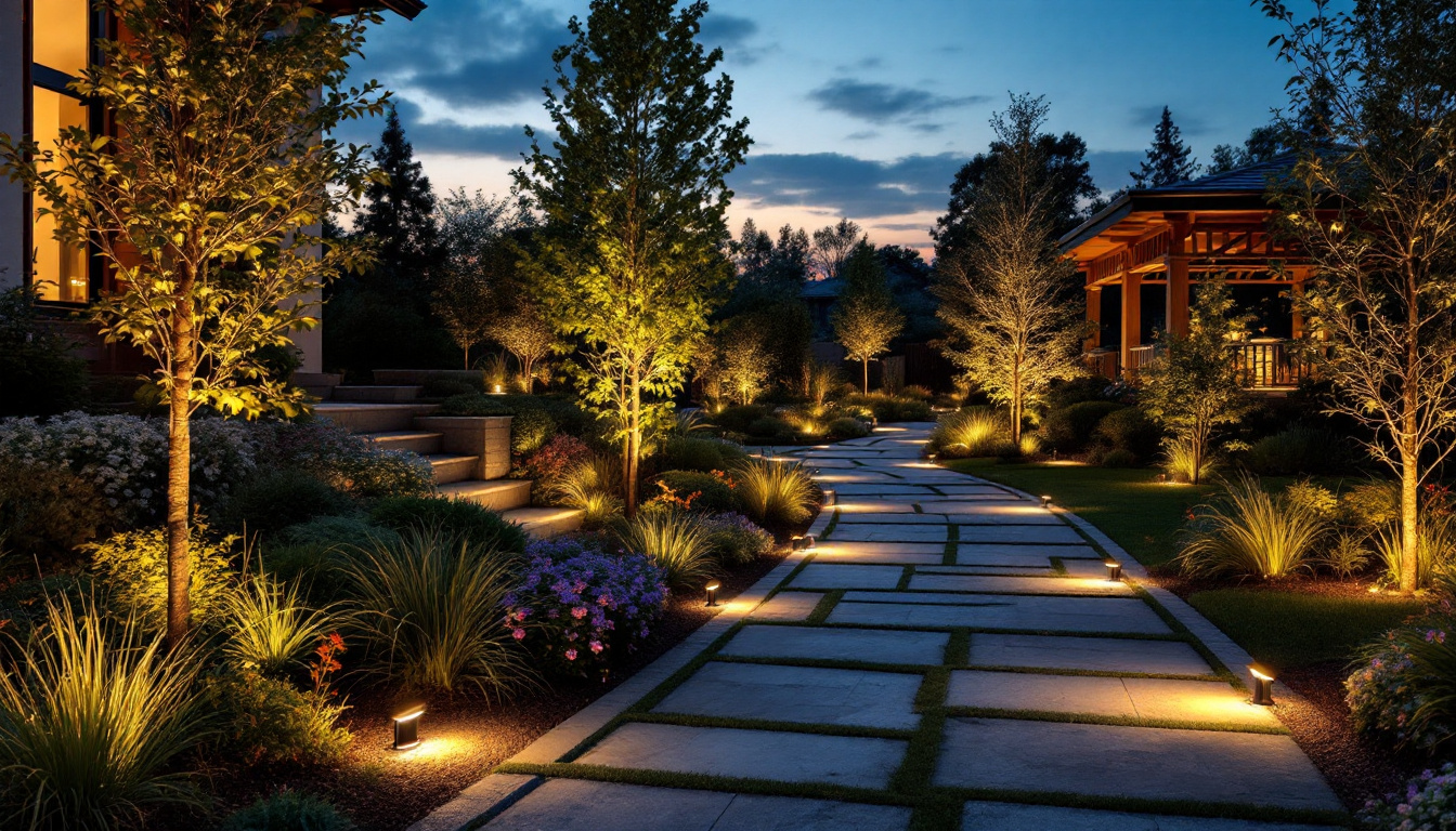 A photograph of a beautifully illuminated outdoor landscape featuring led landscape lights highlighting garden paths