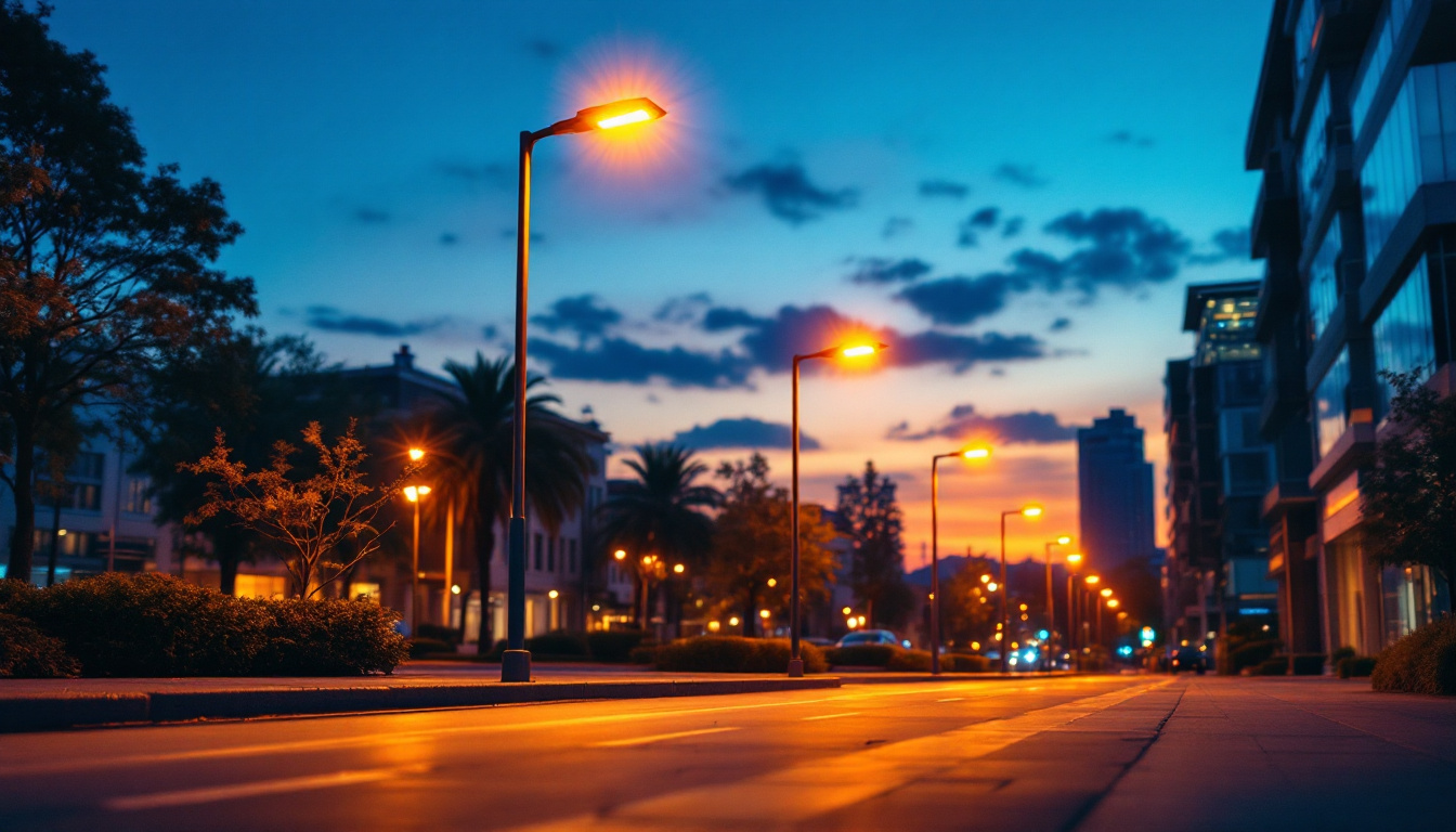 A photograph of a vibrant urban street at dusk
