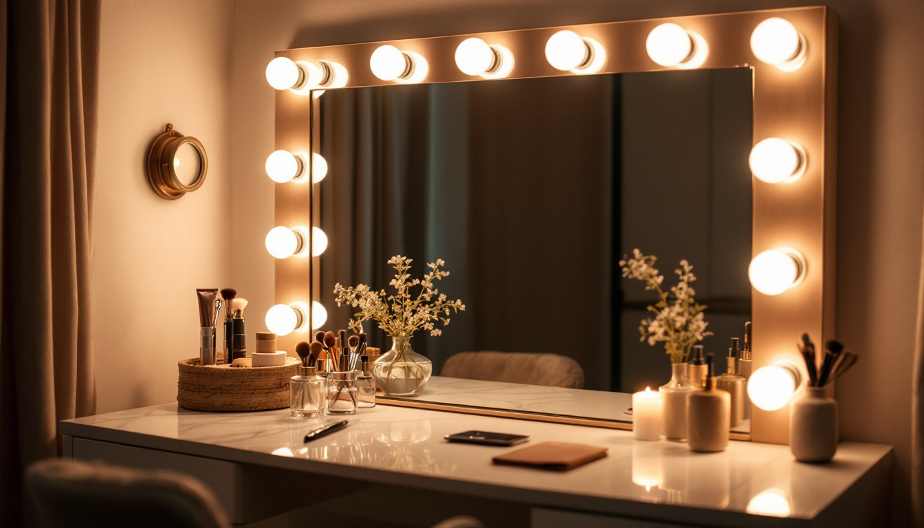 A photograph of a beautifully lit vanity setup featuring a stylish mirror with integrated lighting