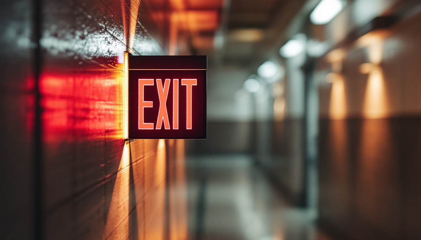 A photograph of a well-lit exit sign in a dimly lit corridor