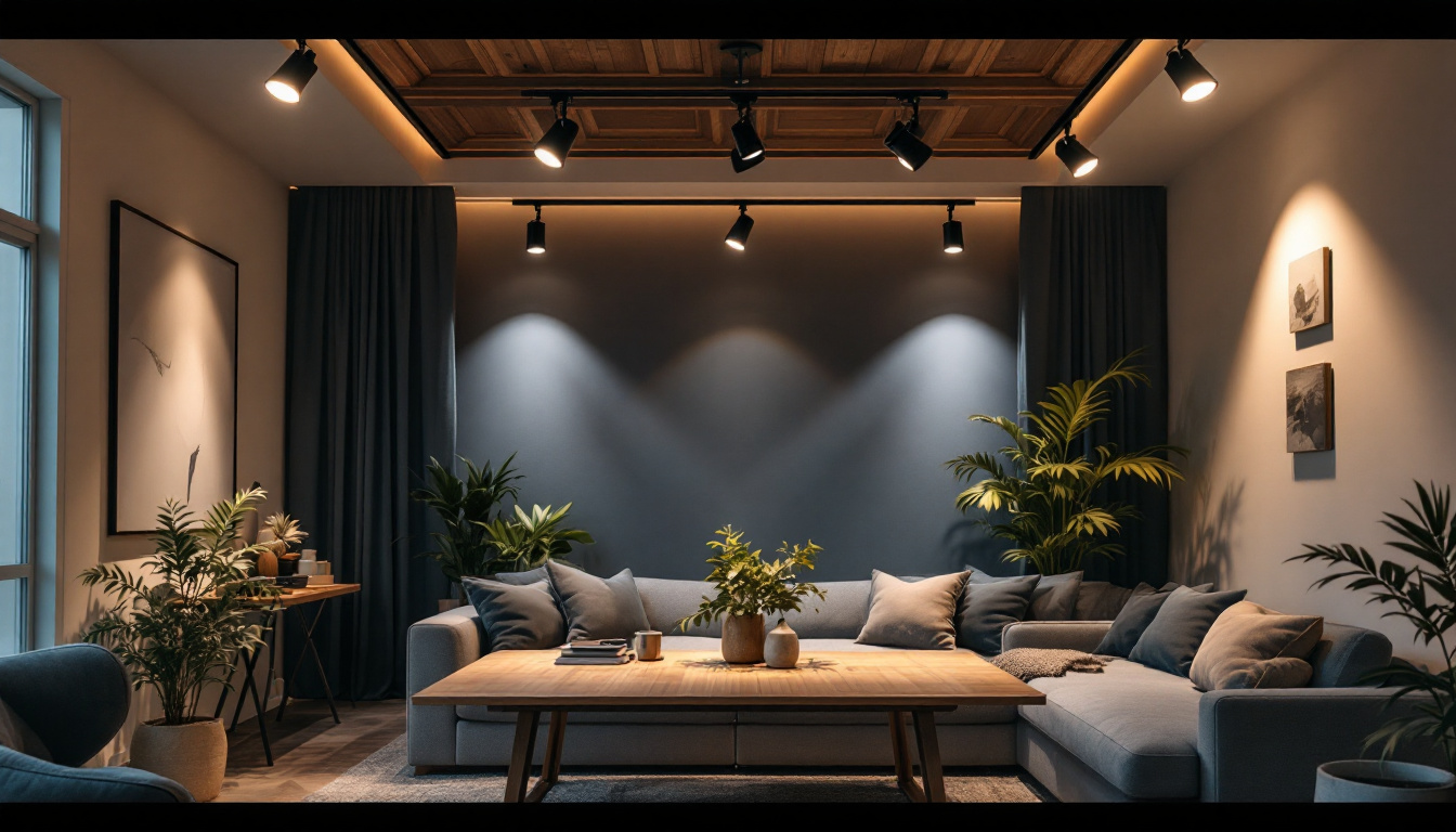 A photograph of capture a photograph of a stylishly designed room featuring a variety of track light fixtures in action