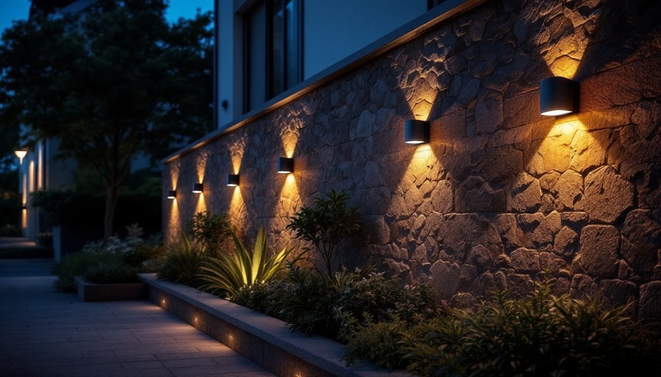 A photograph of capture a photograph of a beautifully illuminated exterior wall featuring modern led wall lights