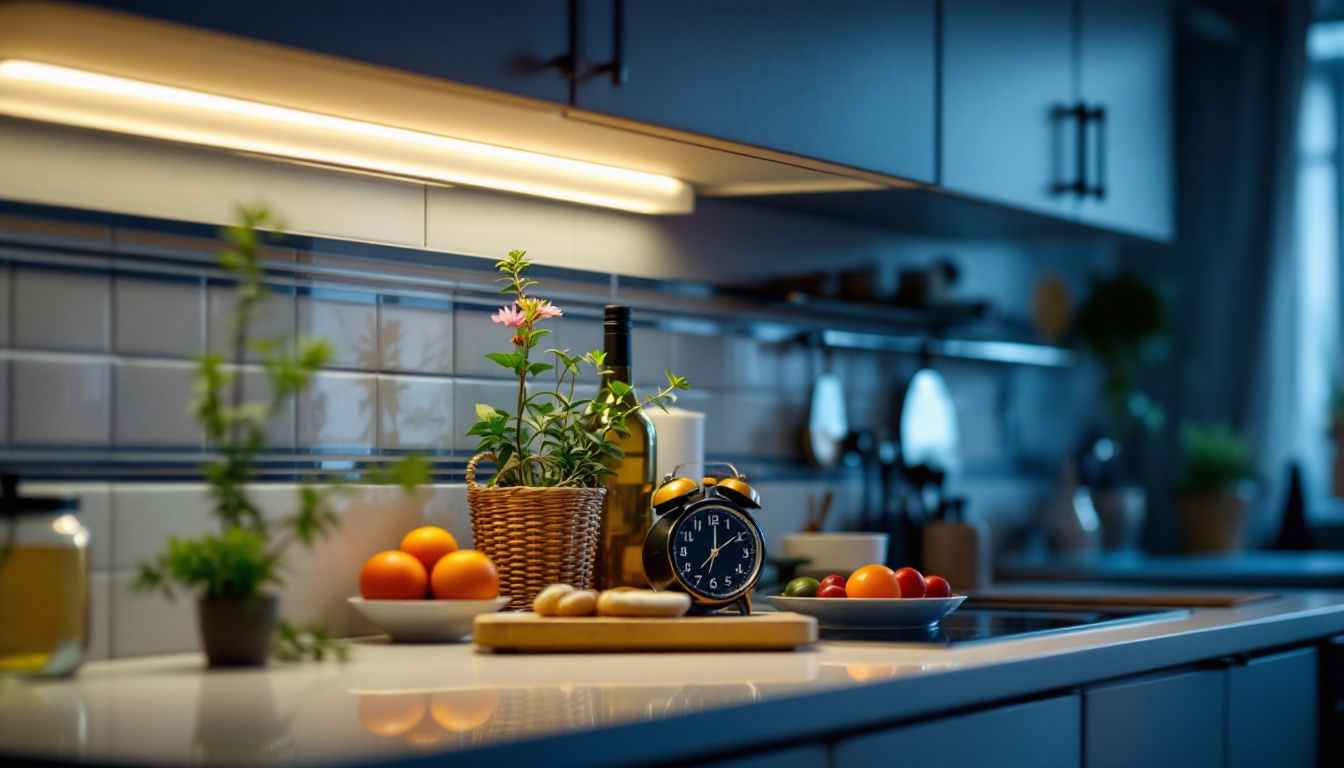 A photograph of a beautifully lit kitchen scene showcasing stylish undercabinet lights illuminating the countertop