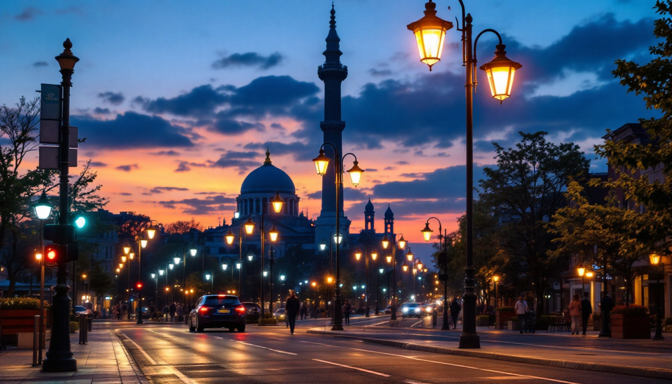 A photograph of a well-lit urban street scene featuring various styles of light poles