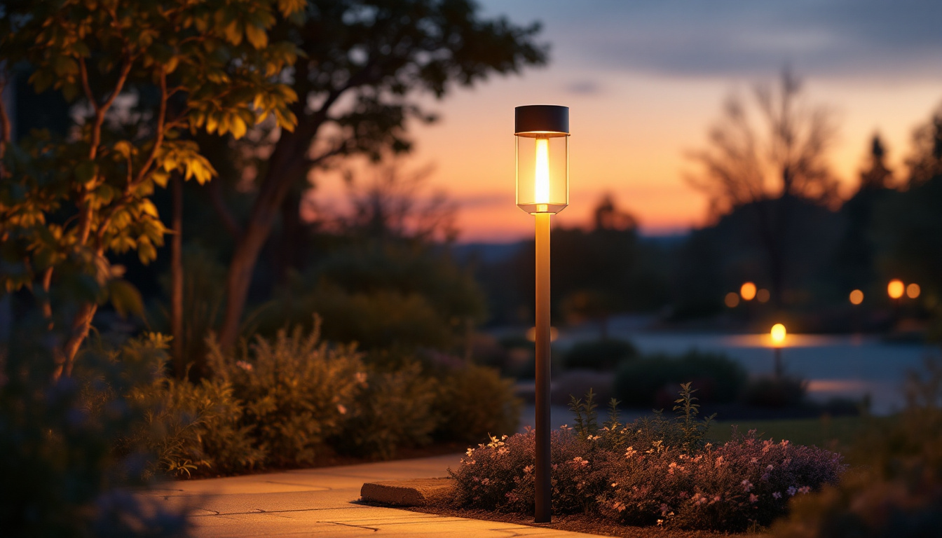 A photograph of a beautifully illuminated outdoor lighting pole in a landscaped setting during twilight