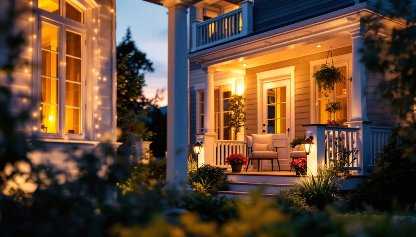 A photograph of a beautifully illuminated porch at dusk