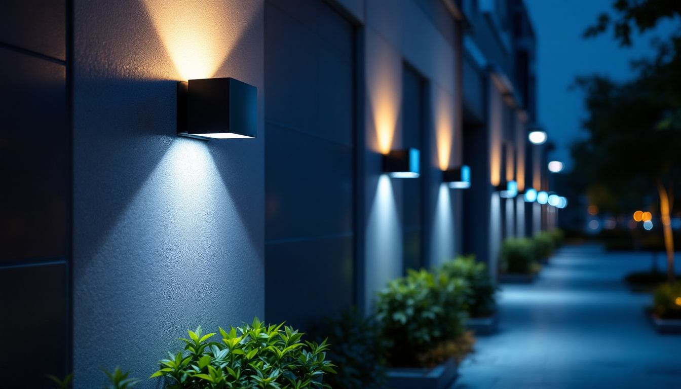 A photograph of capture a photograph of a well-lit outdoor area featuring wall pack led lights illuminating a building facade or pathway