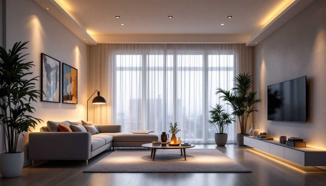 A photograph of a modern living space showcasing a beautifully lit room with recessed can lights