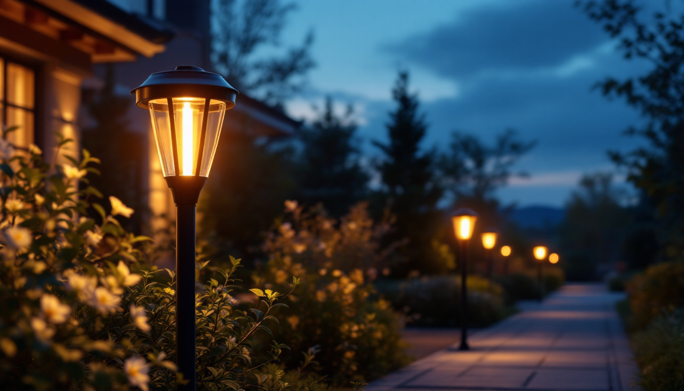 A photograph of a beautifully illuminated outdoor space featuring solar lights installed on posts