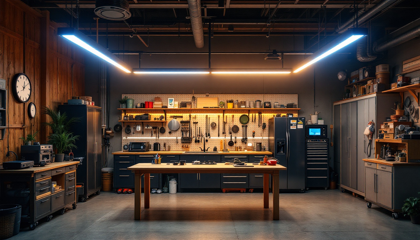 A photograph of a well-lit workshop or garage showcasing the 8' led shop lights in action