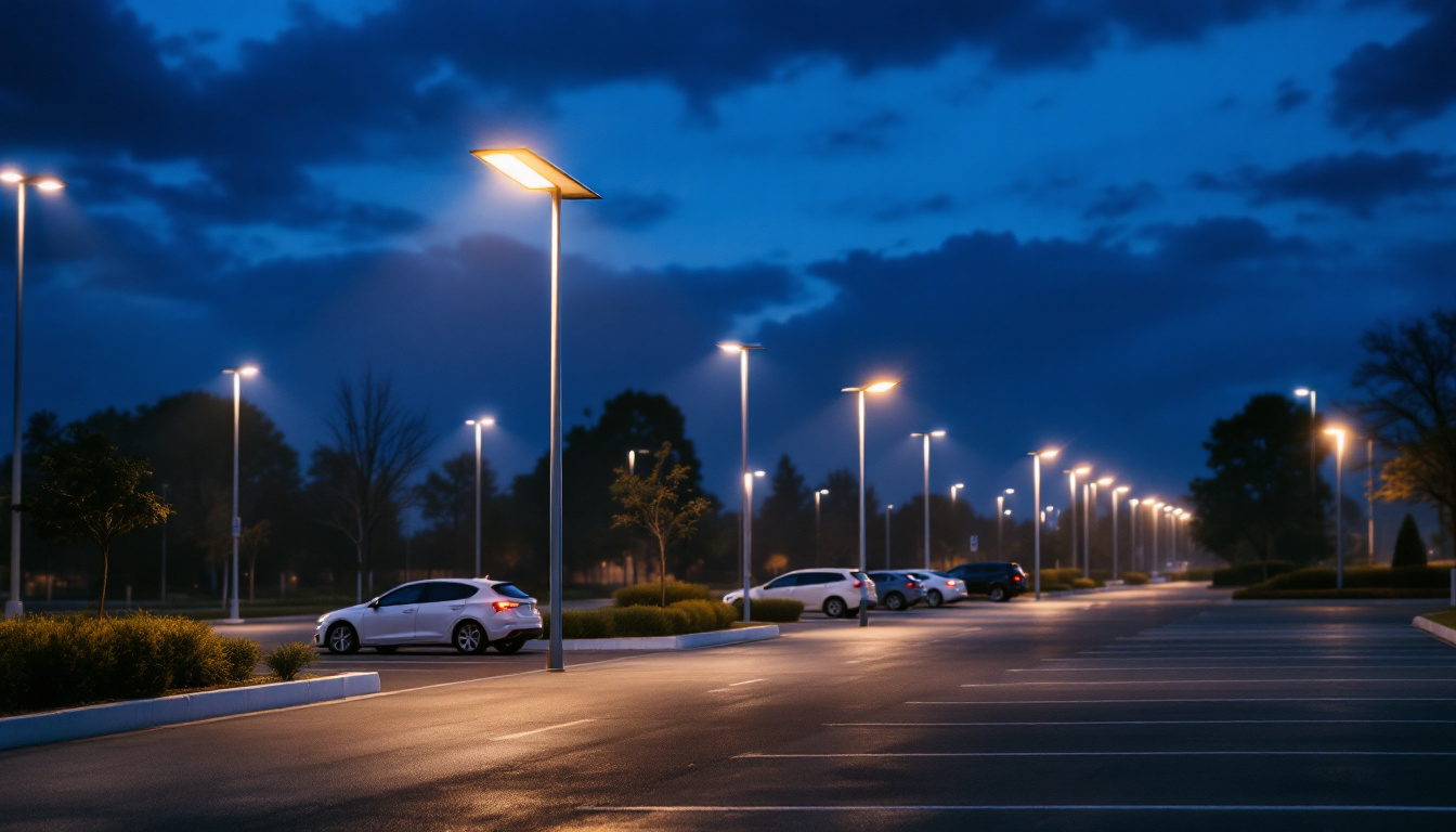 A photograph of capture a photograph of a well-lit solar-powered parking lot at dusk
