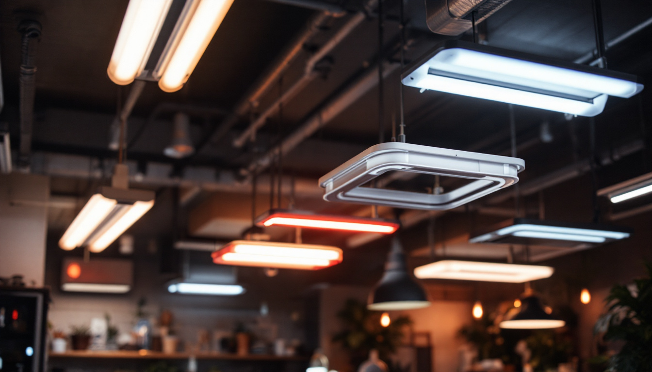 A photograph of a well-lit interior space showcasing various fluorescent light fixtures in use