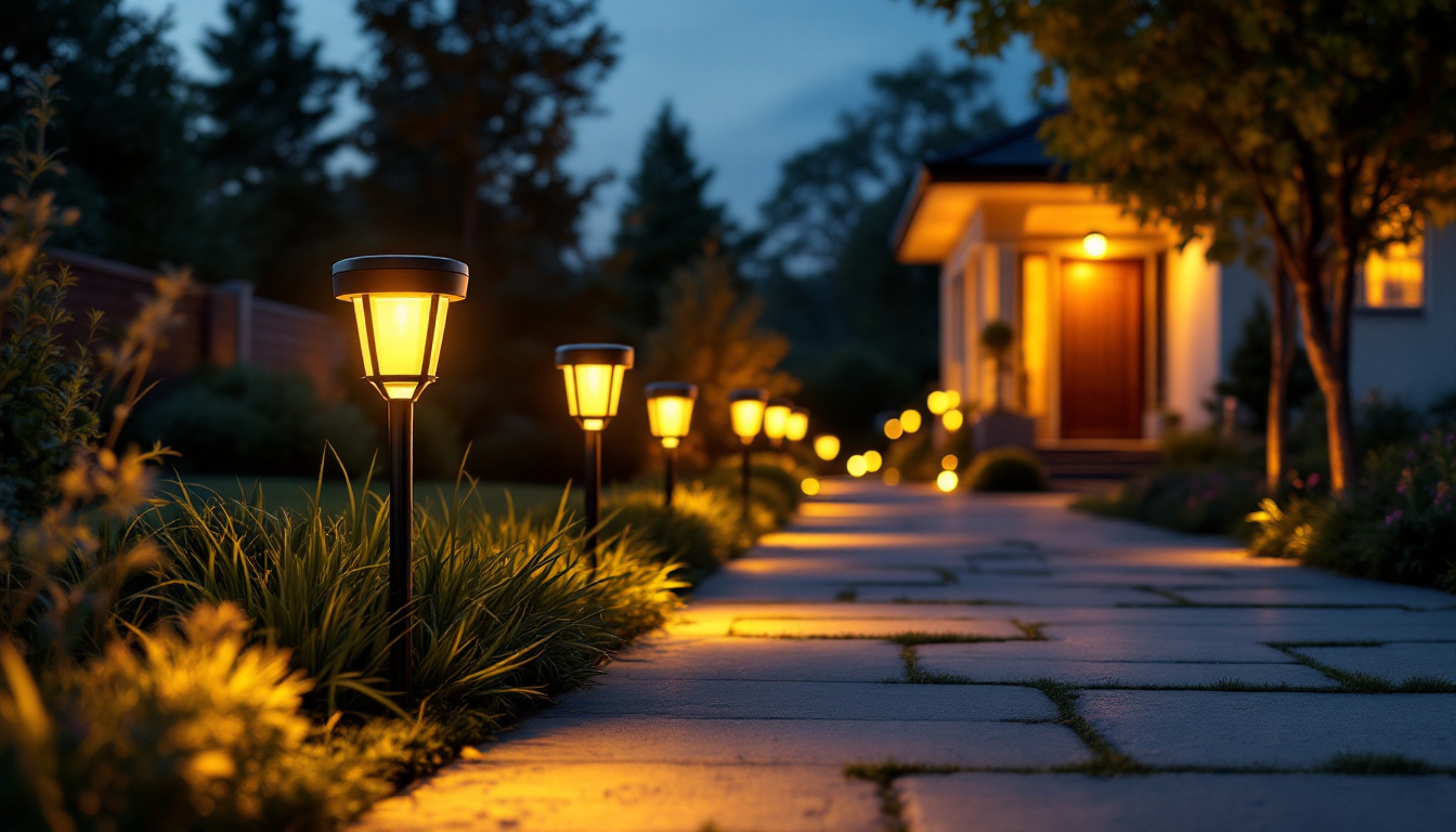A photograph of a beautifully lit driveway at dusk