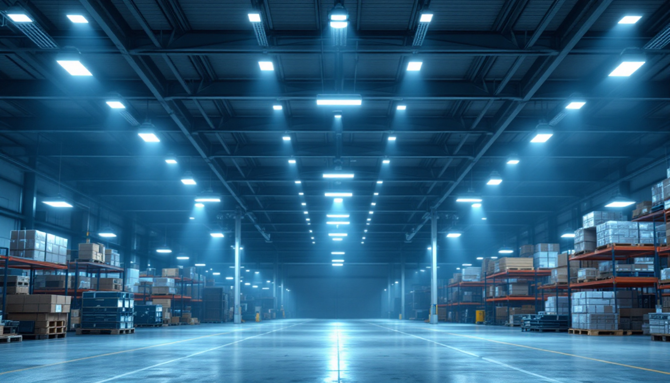 A photograph of a well-lit warehouse interior showcasing various led lighting fixtures in use