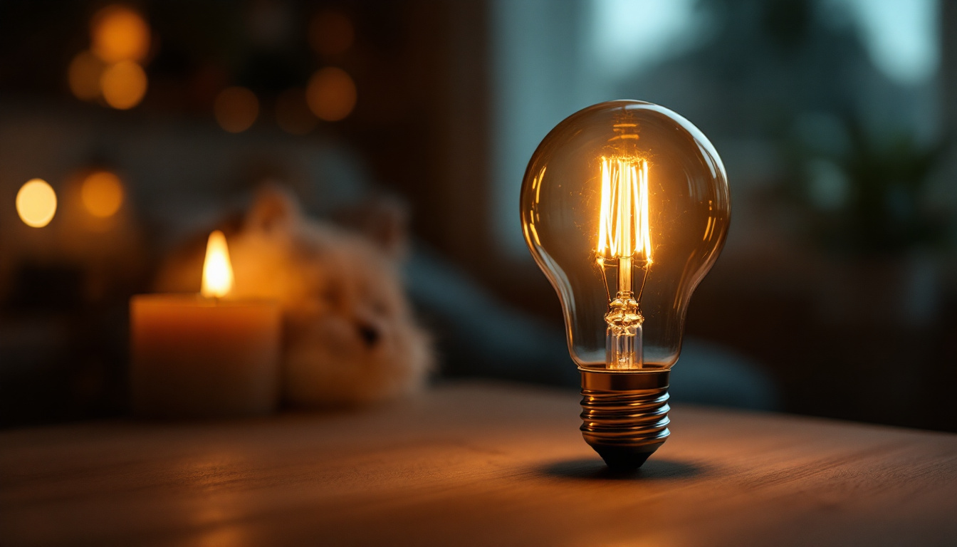 A photograph of a type t bulb illuminated in a cozy