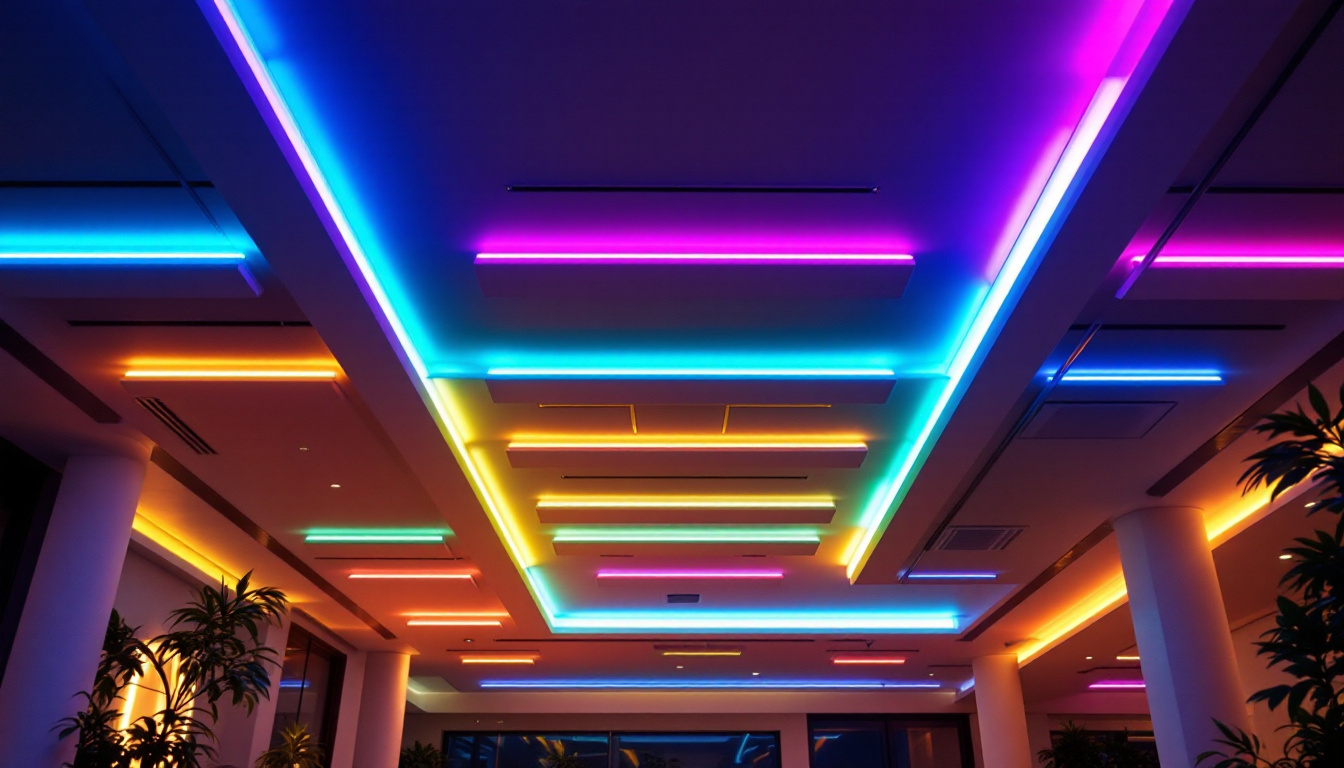 A photograph of a beautifully designed ceiling featuring vibrant led tape lights in various colors