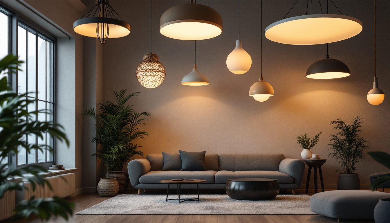 A photograph of a beautifully arranged selection of modern ceiling lights in a well-lit room